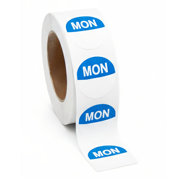 Roll of labels with 'MON' text on a white background