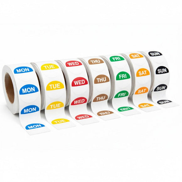 Roll of labels with days of the week in different colors on a white background