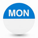 Round sticker with 'MON' text on a blue and white background
