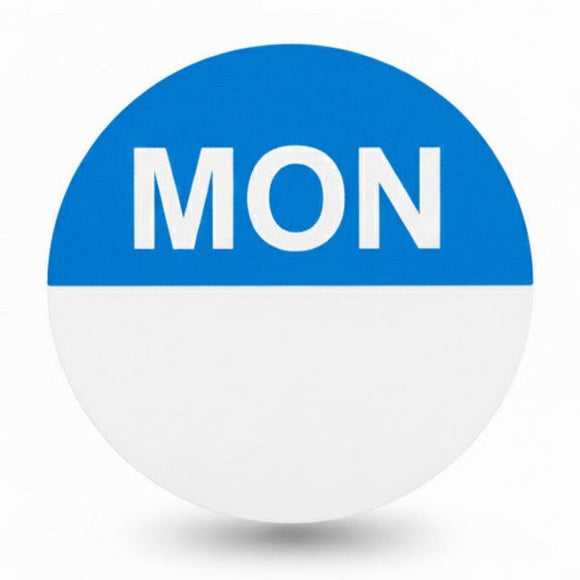 Round sticker with 'MON' text on a blue and white background
