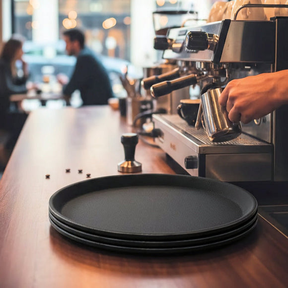 Barista preparing coffee at a counter with black trays in the foreground