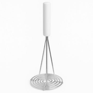 Metal potato masher with white handle on a white background