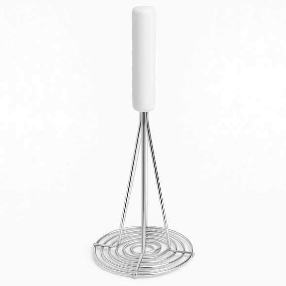 Metal potato masher with white handle on a white background