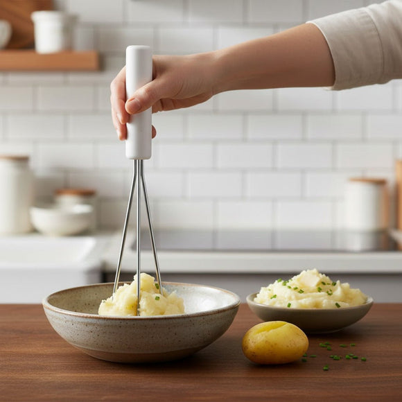 Hand using a potato masher over two bowls of mashed potatoes on a kitchen counter.