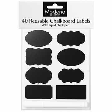 Pack of reusable chalkboard labels with Modena branding on a white background