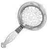 Metallic cocktail strainer with decorative handle on a white background