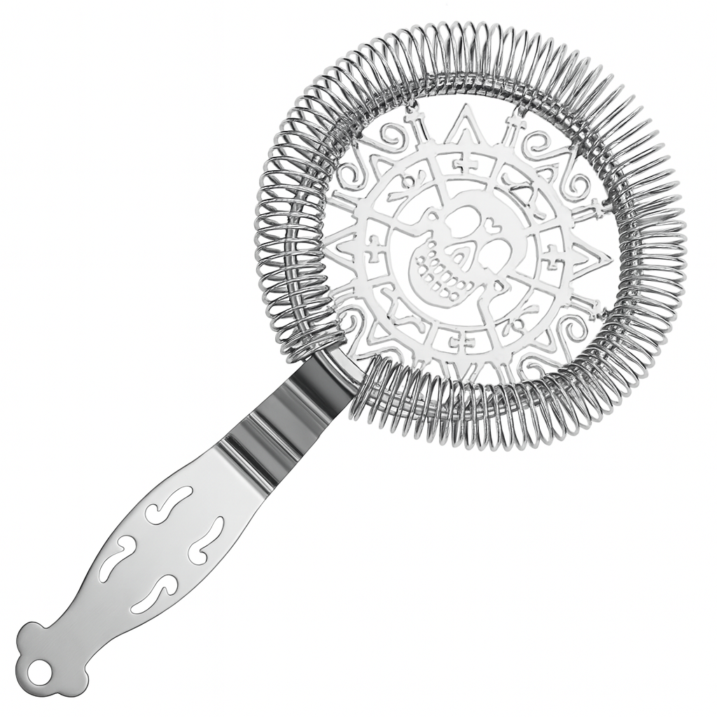 Metallic cocktail strainer with decorative handle on a white background