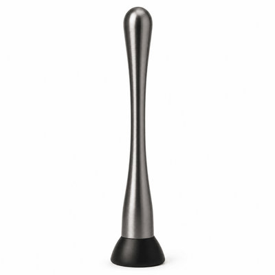 A stainless steel slim cocktail muddler 23cm gunmetal with a black rubber base, shown vertically on a plain white background.