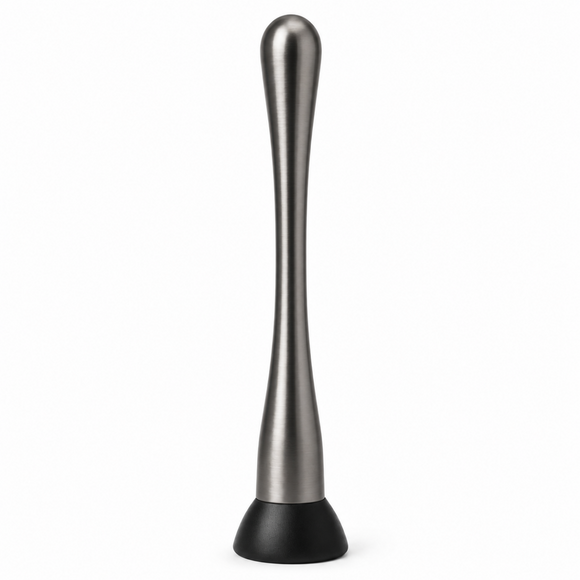 A stainless steel slim cocktail muddler 23cm gunmetal with a black rubber base, shown vertically on a plain white background.