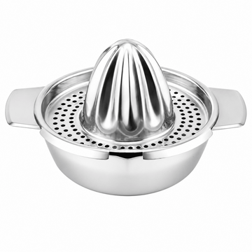 A stainless steel manual citrus juicer with a conical reamer on top of a perforated bowl with side handles, shown on a plain white background.