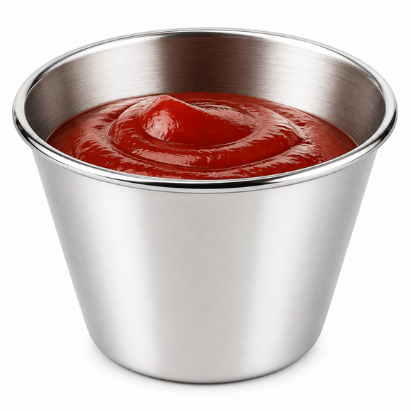 A stainless steel condiment cup filled with red ketchup, shown on a clean white background.