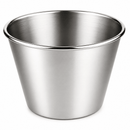 A brushed stainless steel ramekin with a wide rim, shown on a clean white background.