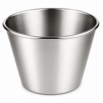 A brushed stainless steel ramekin with a wide rim, shown on a clean white background.
