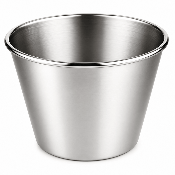 A brushed stainless steel ramekin with a wide rim, shown on a clean white background.