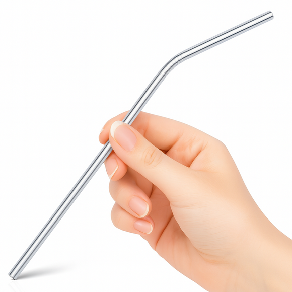 Hand holding a metal straw against a white background