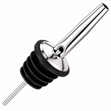 A polished stainless steel pour spout with a black rubber gasket collar, shown on a plain white background.
