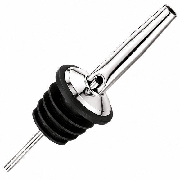 A polished stainless steel pour spout with a black rubber gasket collar, shown on a plain white background.