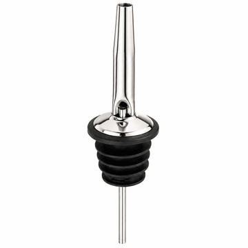 A stainless steel and black rubber pour spout with a long metal stem, shown against a plain white background.