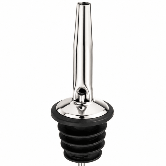 A stainless steel and black rubber pour spout with a long metal stem, shown against a plain white background.