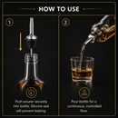 Instruction graphic showing how to use a whiskey bottle pourer. Step 1 shows the metal pourer with a black silicone seal being pushed into the bottle neck.
