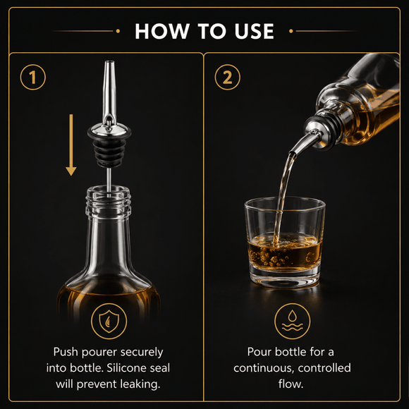 Instruction graphic showing how to use a whiskey bottle pourer. Step 1 shows the metal pourer with a black silicone seal being pushed into the bottle neck.