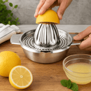 A stainless steel manual citrus juicer being used by hands to press a lemon half, with whole and sliced lemons, a bowl of yellow juice, and mint on a wooden surface.
