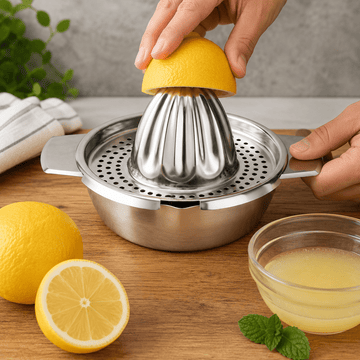 A stainless steel manual citrus juicer being used by hands to press a lemon half, with whole and sliced lemons, a bowl of yellow juice, and mint on a wooden surface.
