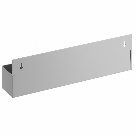 Back of stainless steel speed rail on a white backgound