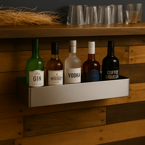 Stainless steel bottle rack in use on a bar counter with bottle in