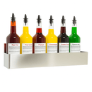 Set of six cocktail syrups with labeled names on a white background in a speed rail
