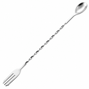 A stainless steel bar spoon with a twisted handle, featuring a fork on one end and a polished spoon on the other, shown on a plain white background.