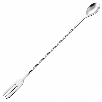 A stainless steel bar spoon with a twisted handle, featuring a fork on one end and a polished spoon on the other, shown on a plain white background.
