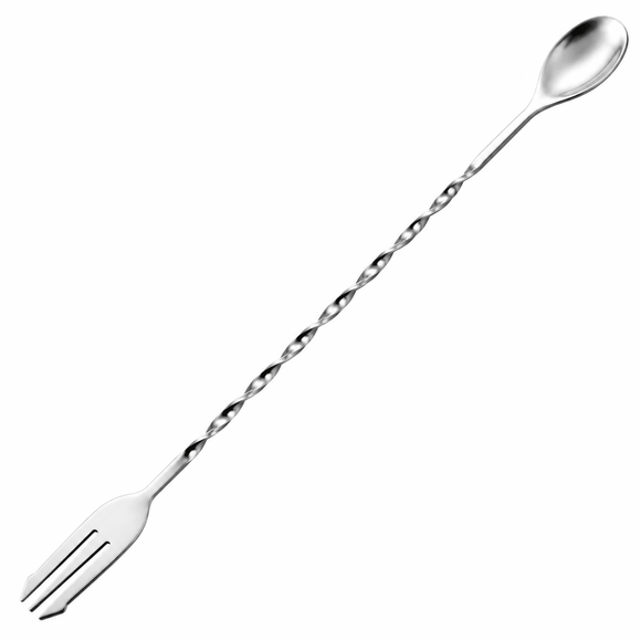 A stainless steel bar spoon with a twisted handle, featuring a fork on one end and a polished spoon on the other, shown on a plain white background.