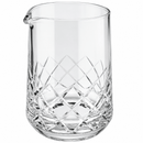 Clear glass cocktail mixing pitcher with a diamond-cut pattern on the lower half and a small pouring spout, shown on a white background.