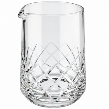 Clear glass cocktail mixing pitcher with a diamond-cut pattern on the lower half and a small pouring spout, shown on a white background.