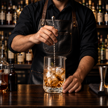 A bartender in a black shirt and dark leather apron stirs a glass of amber liquor with ice in a bar setting, with bottles and bar tools visible in the background.