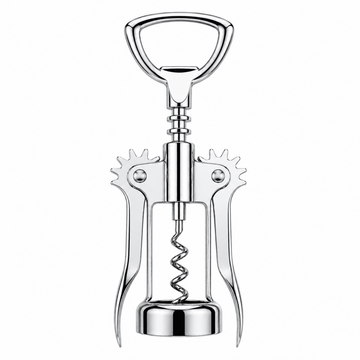 A polished stainless steel corkscrew with a D-shaped handle, shown vertically on a plain white background.