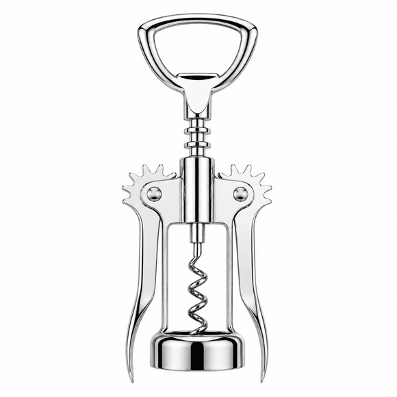 A polished stainless steel corkscrew with a D-shaped handle, shown vertically on a plain white background.