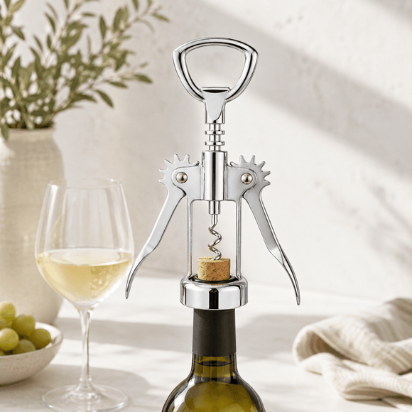 A polished stainless steel wine bottle opener with a corkscrew is shown positioned over the neck of a dark wine bottle, with a glass of white wine and green grapes in the softly lit background.