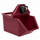 A dark red plastic cap catcher & opener with a hinged lid and a black metal mounting bracket with a brass hook, shown on a solid white background.