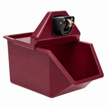 A dark red plastic cap catcher & opener with a hinged lid and a black metal mounting bracket with a brass hook, shown on a solid white background.