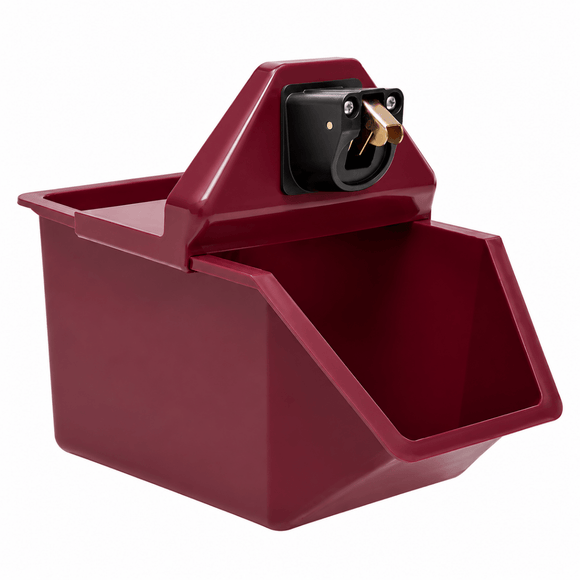 A dark red plastic cap catcher & opener with a hinged lid and a black metal mounting bracket with a brass hook, shown on a solid white background.