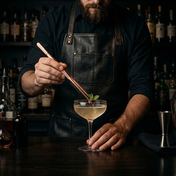 A bartender in a black leather apron garnishes a cocktail in a coupe glass with a copper-colored metal stirrer, set against a dark, blurred bar background.