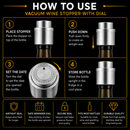 An infographic titled 'HOW TO USE VACUUM WINE STOPPER WITH DIAL' shows four numbered steps with illustrations and close-up product views of a vacuum wine stopper on a dark bottle. The background is black with white text and small yellow accents.