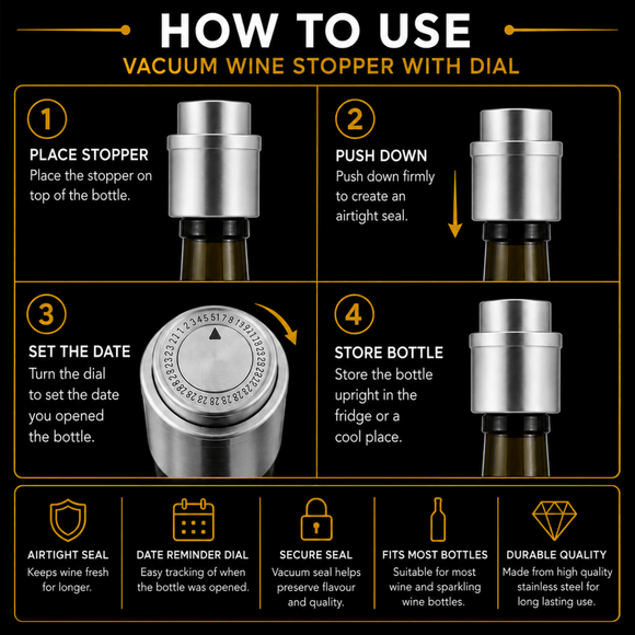 An infographic titled 'HOW TO USE VACUUM WINE STOPPER WITH DIAL' shows four numbered steps with illustrations and close-up product views of a vacuum wine stopper on a dark bottle. The background is black with white text and small yellow accents.