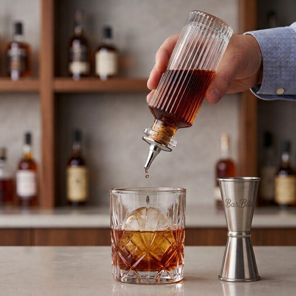 A hand pours liquid from a barbits bitters bottle, clear glass pourer into a faceted tumbler with an ice sphere, with a stainless steel jigger beside it and blurred liquor bottles on a shelf in the background.