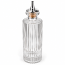 A clear ribbedVictorian Glass Bitters Bottle 145ml metal pour spout and a cork stopper, shown on a plain white background.