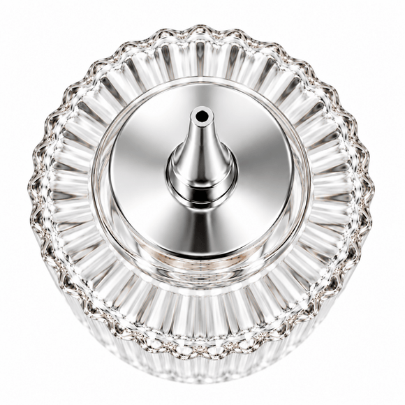 A clear ribbed glass bowl with a scalloped rim and a polished silver metal central stopper, shown from a top-down perspective on a white background.