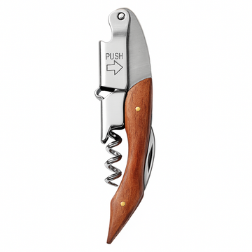 Wine opener with wooden handle and metal lever on a white background