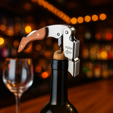 Corkscrew being used to open a wine bottle with a blurred bar background